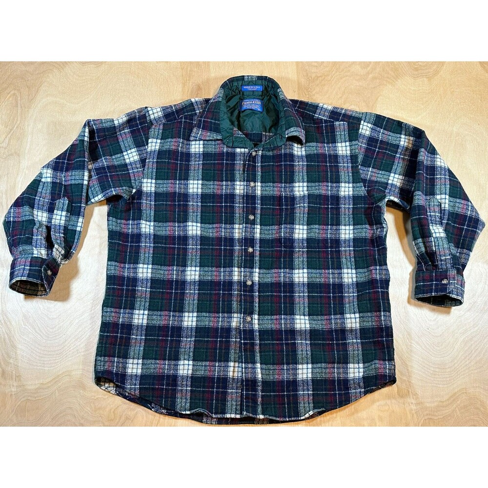 Pendleton Men's Long Sleeve Blue Green White  Plaid Shirt Virgin Wool XL USA
